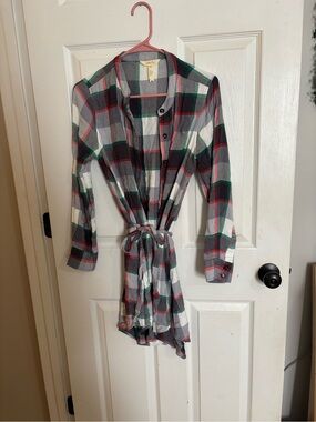 Matilda Jane Gray, White & Green Plaid Tie-Waist Shirt Dress